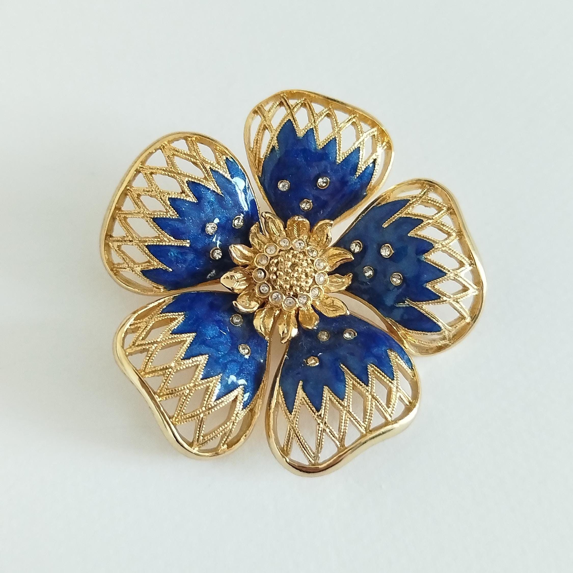 Balenciaga - Vintage Brooch in Blue Enamel and Crystals - Etsy