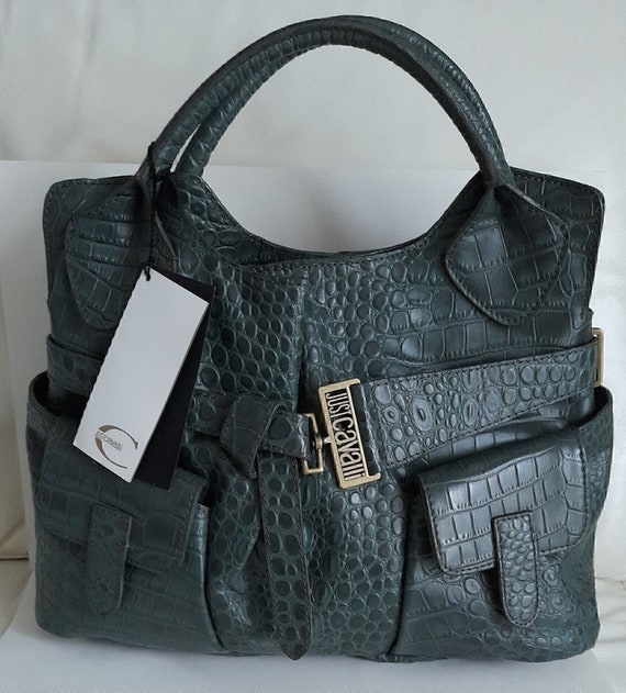 Sac à Main Just Cavalli Authentique - Taille Moyenne, Cuir Et Tissu Marron, Motif Monogramme, Occasion Bon état