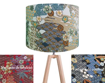 Abat-jour ou suspension, forme tambour, tissu japonais,  nuages, vagues et fleurs stylisées