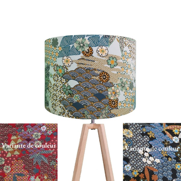 Abat-jour ou suspension, forme tambour, tissu japonais,  nuages, vagues et fleurs stylisées