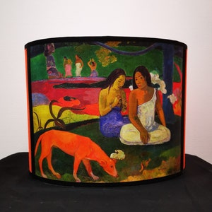 Abat-jour &quot;Arearea&quot; de Paul Gauguin, tahitiennes, chien et arbres sur fond orange