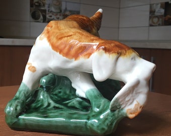 1960's Large Vintage Figurine Setter Dog with Duck, Collectible Statuette, Hunting dog with game in its teeth, Setter with a duck, Majolica