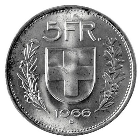 1966 B Swiss 5 Francs - Uncirculated - Silver (.835) - 0.44