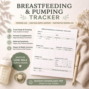 May include: A printable breastfeeding and pumping tracker with a baby bottle, pacifier, and pen. The tracker includes sections for pumping logs, maternal symptoms, and diaper summaries. Text on the image reads "Breastfeeding & Pumping Tracker" and "Made for Low Milk Supply Moms."