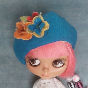 Hand-Dyed Flannel Beret for Blythe Doll: Floral Doll Hat