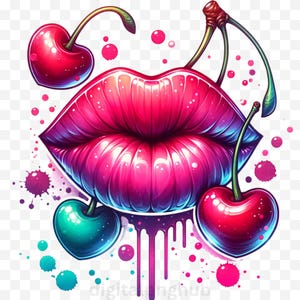 Cherry Lips, Dripping Lips Sublimation Design, Retro Lip Clipart, Glossy Cherry Lips for Commercial Use, Trendy Kiss Lips Png