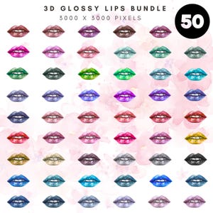 Paquete de 50 labios PNG, descarga digital brillante en 3D/arte de sublimación, colores pop y glam, diseños de lápiz labial coloridos