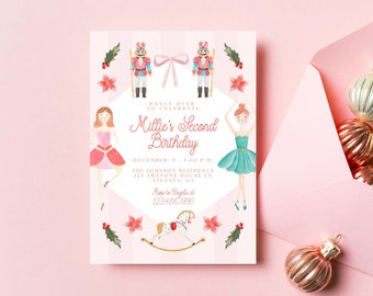 May include: A pink and white invitation with a Nutcracker theme. The invitation says "Dance over to celebrate Millie's Second Birthday" with the date and time of the party. The invitation features illustrations of a ballerina, a Nutcracker, and a rocking horse.