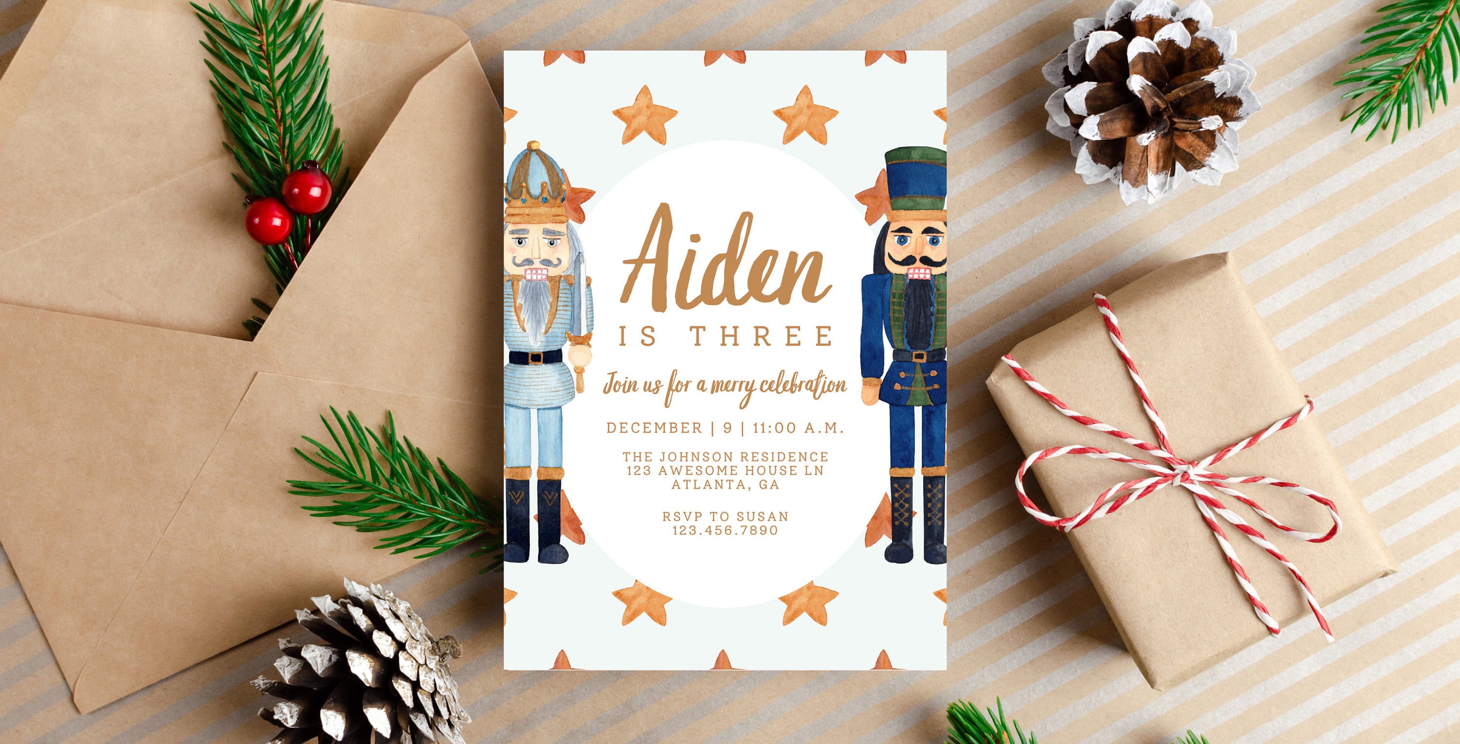 Nutcracker Christmas Boy Birthday Invitation, Christmas Birthday Digital Invitation