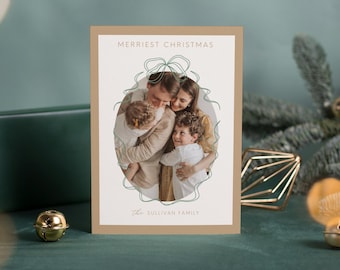 Printed Christmas Cards - Modern Tan and Green Ribbon Bow Christmas Holiday Photo Cards