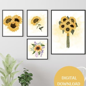 Set of 4 Sunflowers Printable Wall Art I Boho Neutral Home Decor I Instant Download I Living Room Prints I Kitchen Print I Watercolor