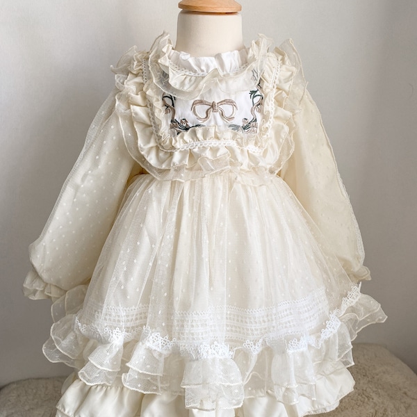 Robe vintage pour fille | Robe fille espagnole | Robe de demoiselle d'honneur | Tenue de fête pour fille | Robe en dentelle ivoire