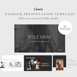 May include: A digital fashion presentation template for Canva featuring 36 pages. The layout includes black and white slides with text headers like Title Here, New Fashion, Newest Collection, and CEO/Founder, showcasing various fashion photography.
