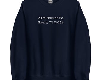 May include: Navy blue sweatshirt with white text that reads "2098 Hillside Rd Storrs, CT 06268"