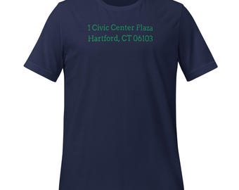 May include: Navy blue t-shirt with the text "1 Civic Center Plaza Hartford, CT 06103" printed in green.