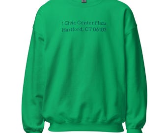May include: A bright green sweatshirt with the text "1 Civic Center Plaza Hartford, CT 06103" printed on the front.