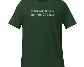 May include: A dark green t-shirt with white text that reads "1 Civic Center Plaza Hartford, CT 06103"