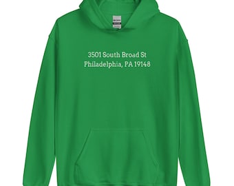 May include: A green hooded sweatshirt with the address "3501 South Broad St Philadelphia, PA 19148" printed in white. The sweatshirt has a front pocket and a drawstring hood.