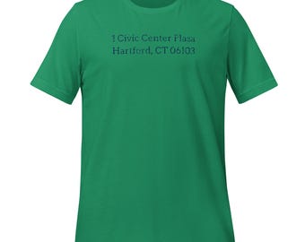 May include: A green t-shirt with the text "1 Civic Center Plaza Hartford, CT 06103" printed on the front.