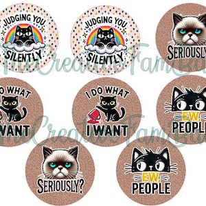 May include: A collection of round stickers with cat-themed designs. Some stickers feature a black cat with text like "Judging You Silently" and "I Do What I Want." Other stickers show a grumpy cat with the text "Seriously?" and "Ew People."