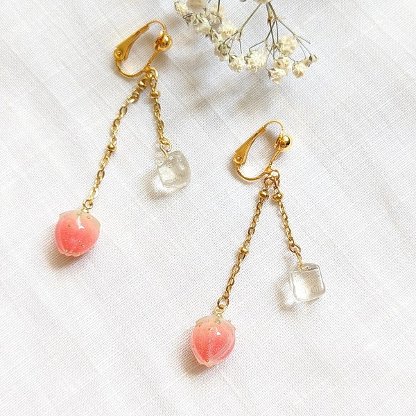 Strawberry pink earrings with ice cube - handmade - Food earrings / Clip-on/ Studs/ Ohrclips