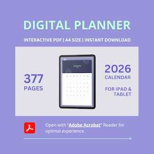 Può includere: Annuncio di pianificatore digitale con il testo "DIGITAL PLANNER" in verde chiaro. L'immagine include un tablet che mostra un calendario di gennaio 2026, con il testo "377 PAGES" e "FOR IPAD & TABLET". È incluso anche il testo "Open with Adobe Acrobat Reader".