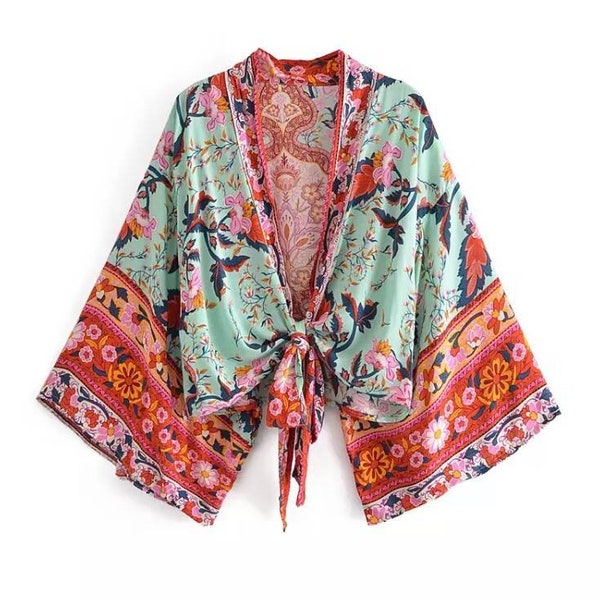 Summer Boho Crop Top  Kimono, Floral Summer Kimono Top, Boho Beach Kimono Top, Bohemian Women Tunic, Beachwear, Bikini Coverup