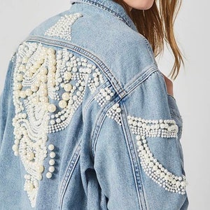 Women Boho Pearls Jacket, Denim Embellished Bohemian Jacket ...