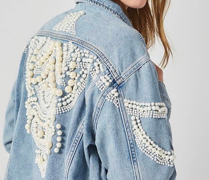 Women Boho Pearls Jacket, Denim Embellished Bohemian Jacket ...