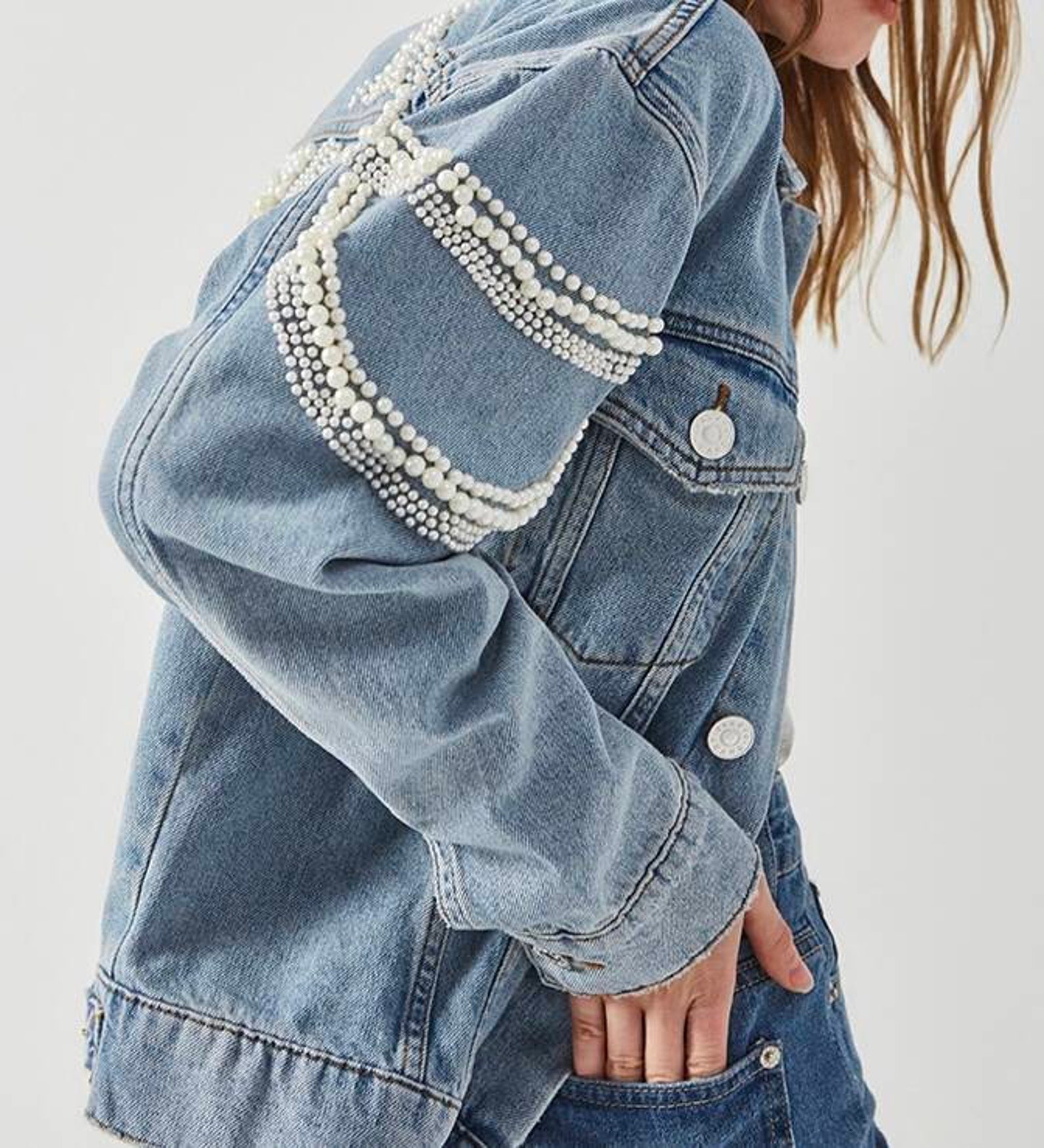 Women Boho Pearls Jacket, Denim Embellished Bohemian Jacket ...