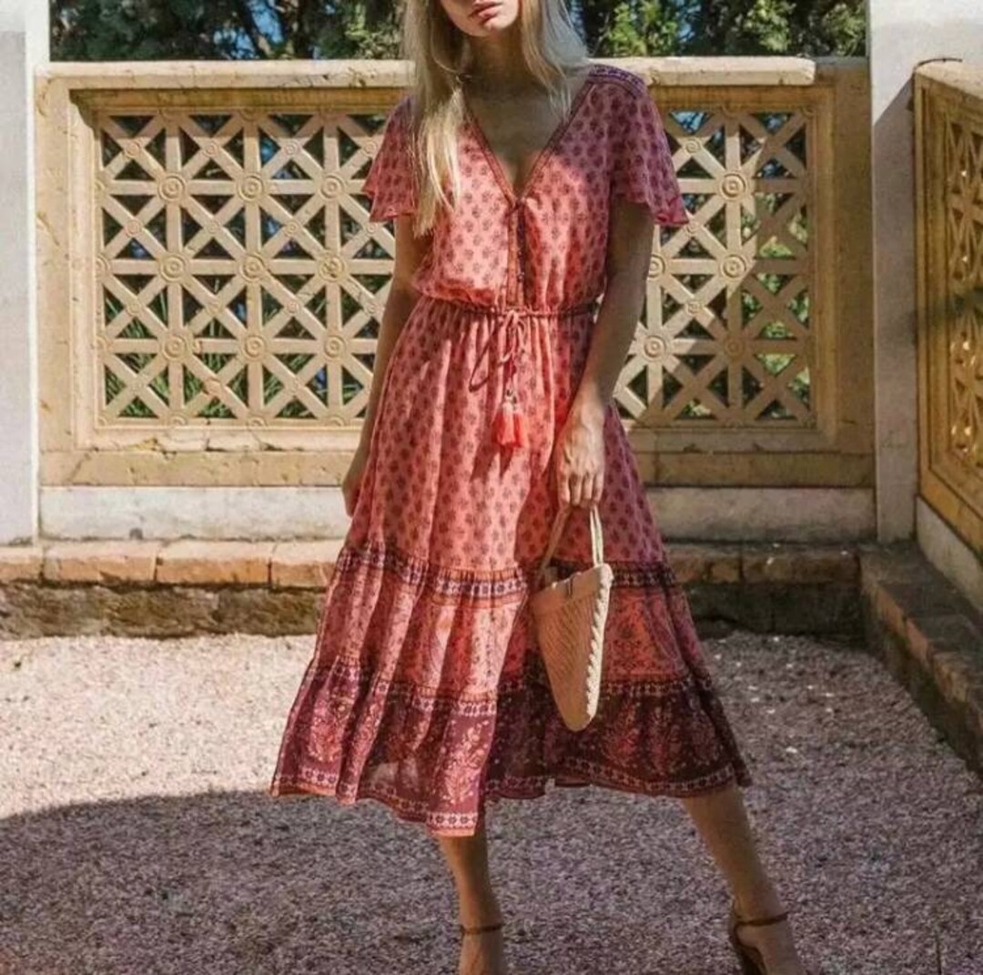 Vintage Chic Women Boho Dress Boho V Neck Floral Midi Dress - Etsy