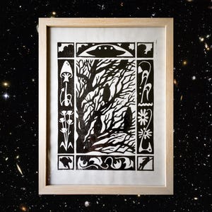 Watchers I - Linocut Art Print - Handmade UFO & Nature Linoleum Print