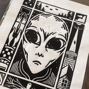 Watchers II - Linocut Art Print - Alien Abduction Handmade Linoleum ...
