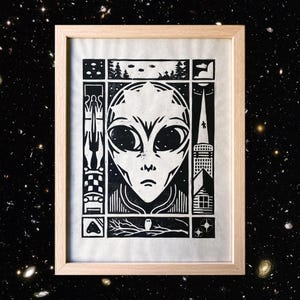 Watchers II - Linocut Art Print - Alien Abduction Handmade Linoleum Print