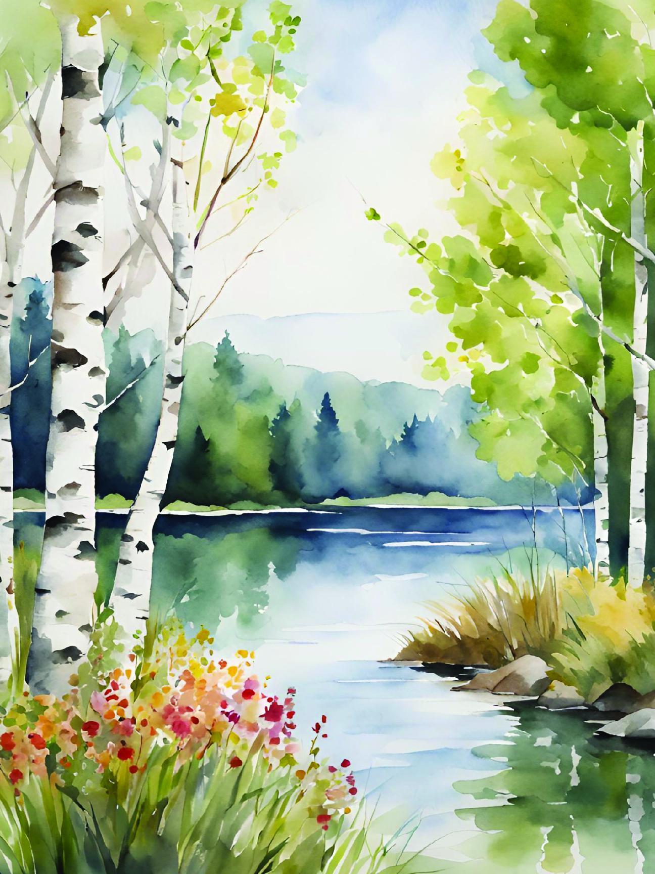 Printable Digital watercolor landscape of Birch trees and lake  with mountains silhouettes , digital download