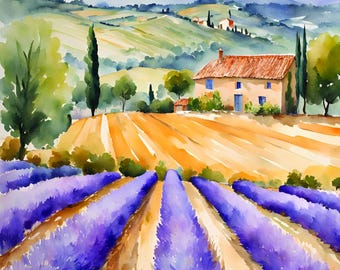Lavender watercolor field Landscape- in south of France , delicate brushstrokes Digital art -printable download