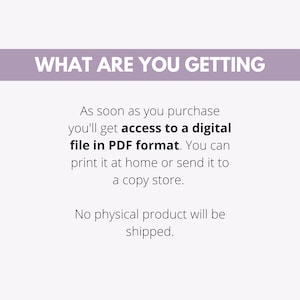 Pu&ograve; includere: Testo su sfondo bianco che recita "WHAT ARE YOU GETTING" in un banner viola. Il testo sottostante recita "Non appena acquisti, avrai accesso a un file digitale in formato PDF. Puoi stamparlo a casa o inviarlo a una copisteria. Nessun prodotto fisico verr&agrave; spedito."