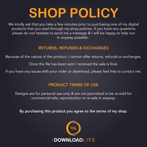 May include: Shop policy text with the headings "Shop Policy", "Returns, Refunds & Exchanges", "Product Terms of Use", and the text "TDL DOWNLOADLIFE".