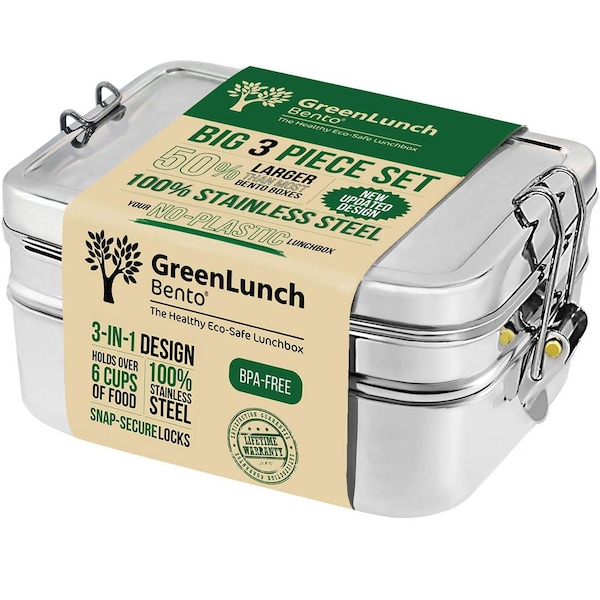 3-in-1 Stainless Steel Lunch Bento Box For Kids & Adults with Snack Pod - Holds 6 Cups of Food, Crack-Resistant, Secure Locks, Eco-friendly