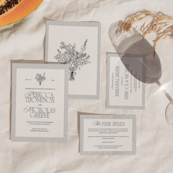 Old Money Wedding Invitation Bundle, Minimal Invitation Template Set, Modern Invite Suite, Garden Party Wedding | Fin Collection
