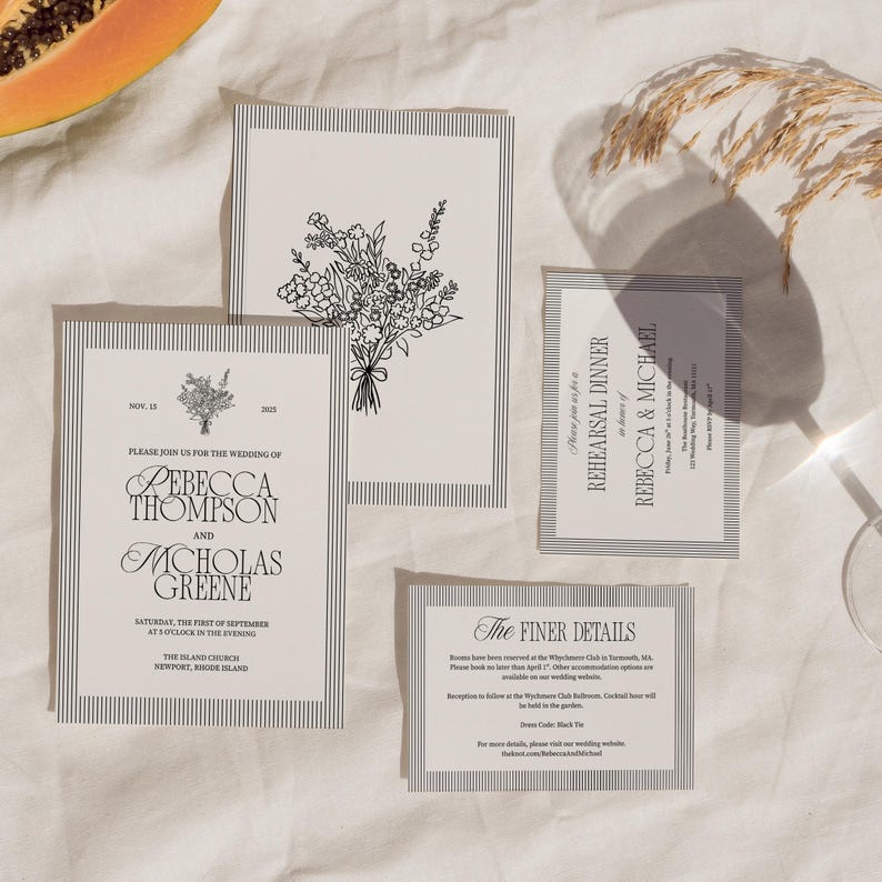 May include: Wedding stationery set with floral illustrations and elegant typography. The invitations and inserts have a cream background with black pinstripe borders and text. The main invitation includes the names Rebecca Thompson and Nicholas Greene.