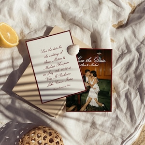 May include: Wedding invitation suite featuring a Save the Date card with elegant calligraphy and a photo card. The main card reads "Save the date for the wedding of Alexa Milton & Michael Thompson on July 17th, 2026 at Villa It Balliano, Lake Como, Italia."