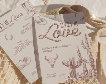 Same Cowboy Forever Bachelorette invite, western bachelorette, mountain bachelorette template, cowgirl bachelorette theme, Lucky in Love