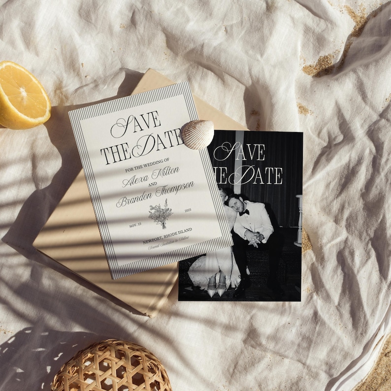 May include: Wedding announcement cards with "Save the Date" text. One card is black and white with a photo, the other is cream with black text and a floral illustration. A seashell and lemon half are also present.