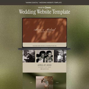 Könnte beinhalten: Eine Hochzeitswebsite-Vorlage auf einem Laptop-Bildschirm. Die Vorlage zeigt den Text "Alexa & Michael ARE GETTING MARRIED" und "PLEASE JOIN US FOR A CELEBRATION ON." Das Datum "APRIL 27, 2030" wird ebenfalls angezeigt. Die Vorlage ist mit "WARM COASTAL" und "MADE IN Canva" gekennzeichnet.