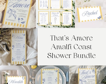 May include: A printable bridal shower bundle with a yellow and blue color scheme. The bundle includes a menu, place cards, and a welcome sign. The text on the sign reads "That's Amore Welcome to Alexa's Bridal Shower".