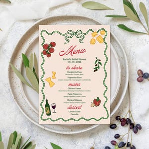 Das ist Amore Brautparty-Menü, Dinner-Party-Menü-Vorlage, Brautparty, italienische Pizza und Pasta bearbeitbare Vorlage, handgezeichnet