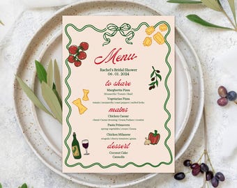 Thats Amore Bridal Shower Menu, Dinner Party Menu Template, Bridal Shower, Italian Pizza and Pasta Editable Template, Hand Drawn