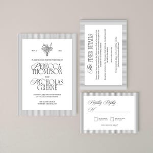 May include: Wedding stationery set with a floral design and striped borders. The invitation announces the wedding of Rebecca Thompson and Nicholas Greene, with the date and location. Additional cards provide finer details and a reply card.