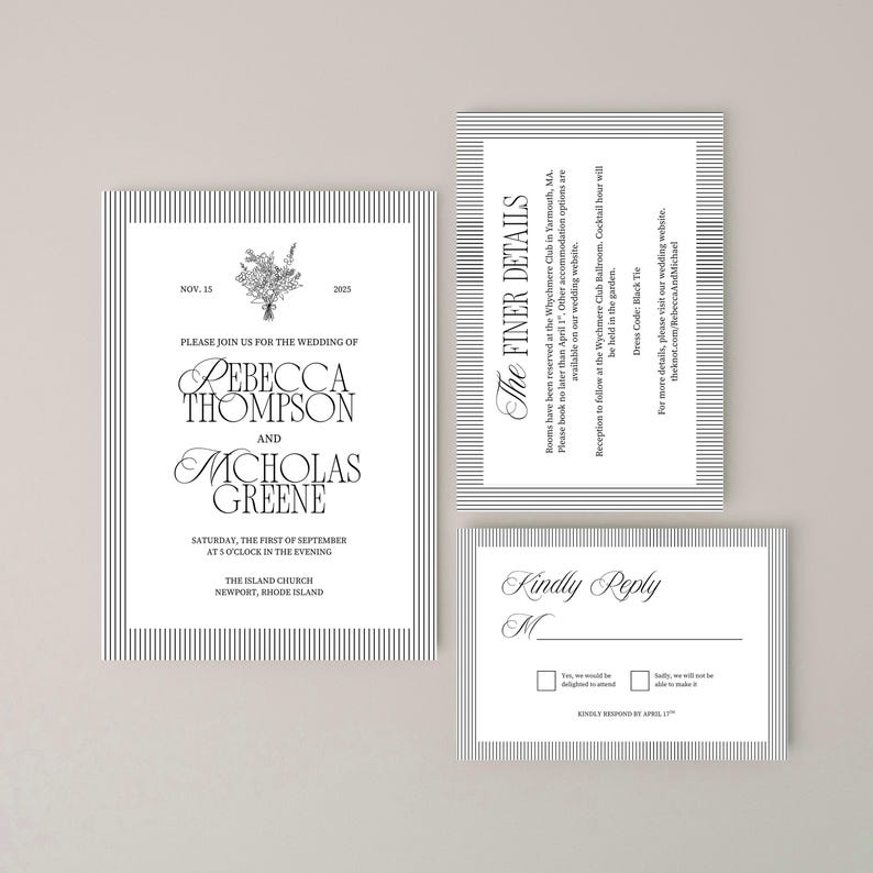 May include: Wedding stationery set with a floral design and striped borders. The invitation announces the wedding of Rebecca Thompson and Nicholas Greene, with the date and location. Additional cards provide finer details and a reply card.